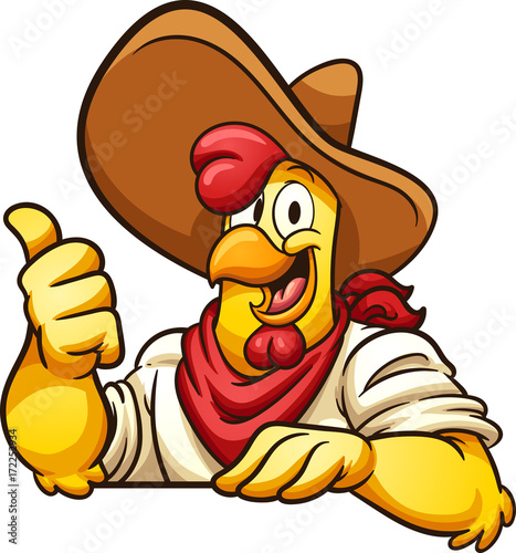 Cartoon farmer chicken with thumb up. Vector clip art illustration with simple gradients. All in a single layer. 