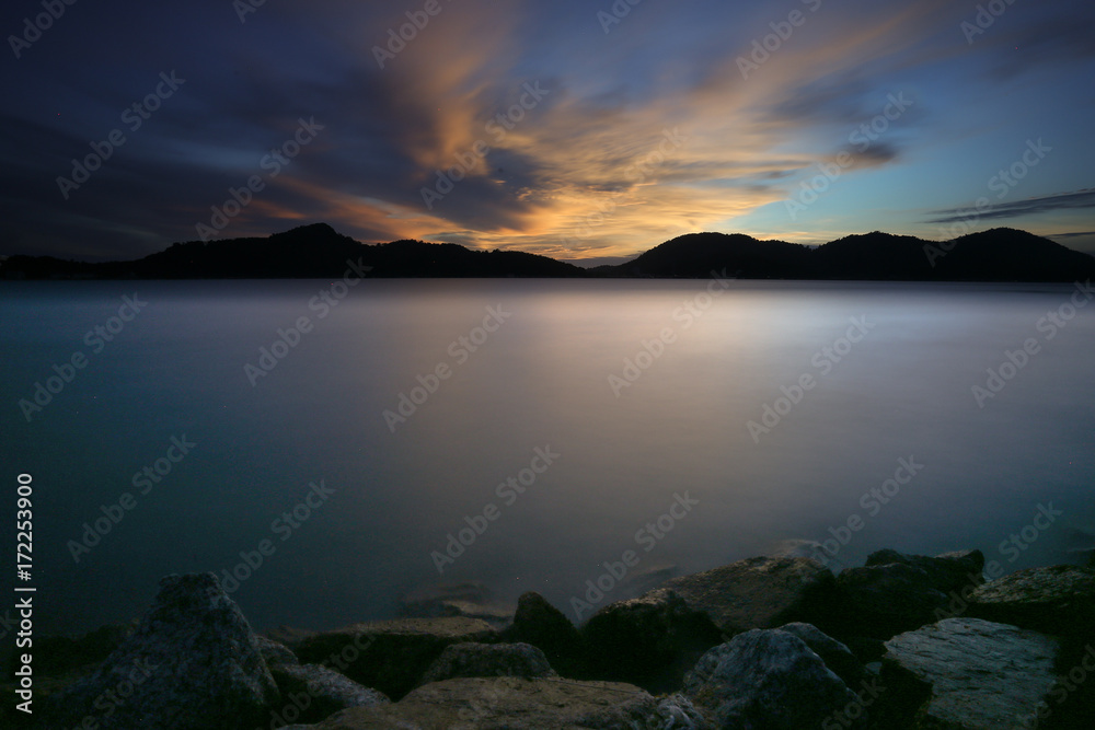 scenery of sunset at Lumut,Perak,Malaysia.Soft focus.motion blur due to long exposure