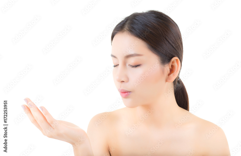 Asian beautiful young woman showing with healthy clean skin presenting something empty copy space on the hand isolated on white background, beauty cosmetics concept. Asian beautiful young woman showing with healthy clean skin presenting something empty copy space on the hand isolated on white background, beauty cosmetics concept.