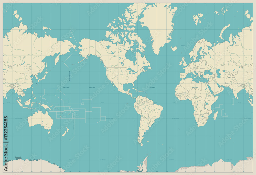 World Map Americas Centered Map. Old colors