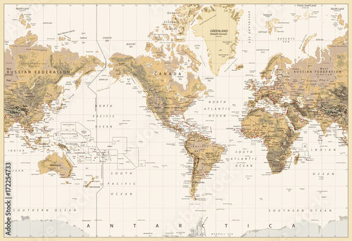 Photo Vintage Physical World Map-America Centered-Colors of Brown