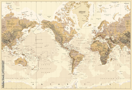 Vintage Physical World Map-America Centered-Colors of Brown