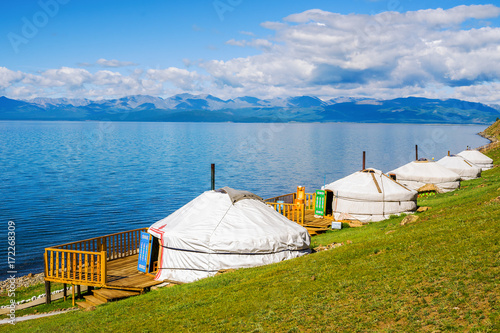 Tourist center in Mongolia on the shore of Lake Hovsgol. Yurts - a traditional home in Mongolia 