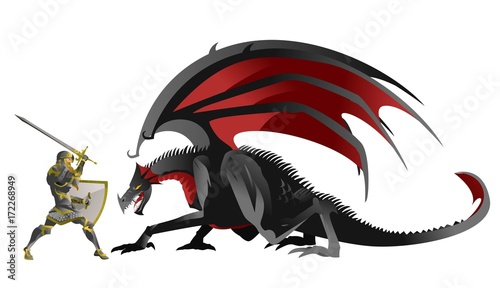 knight hero fighting a black dragon