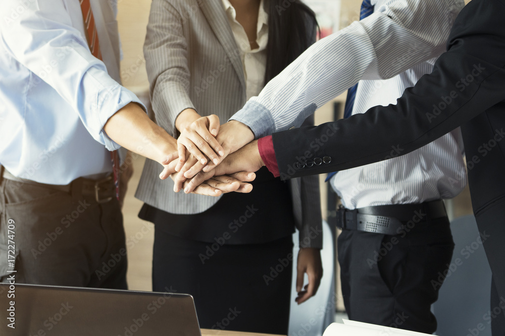 Fototapeta premium Business team stack hands in the meeting room, support concept