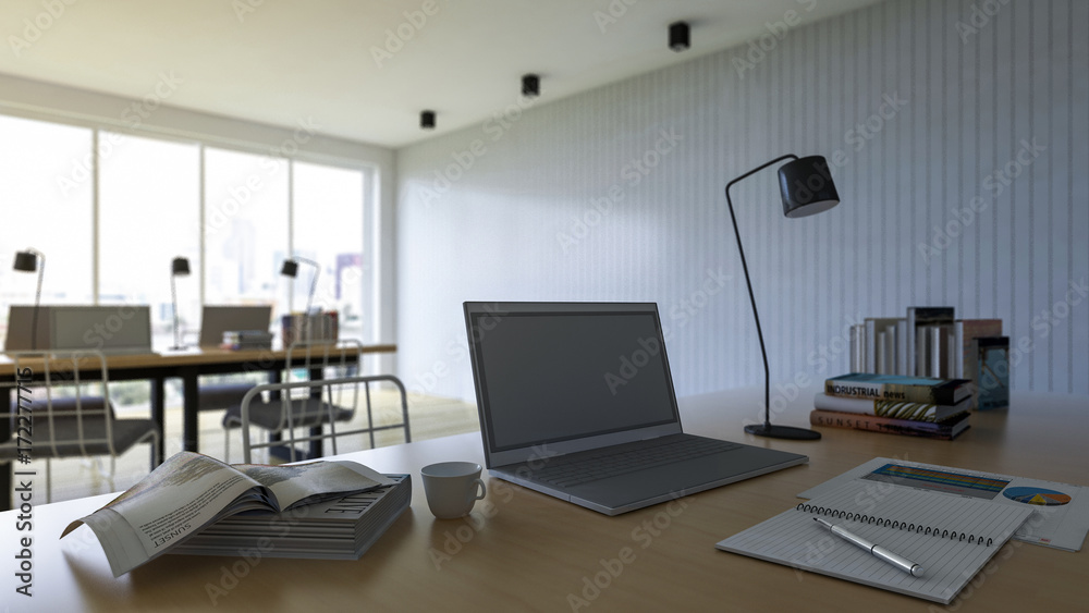 3d rendering of working table with depth of field photo 3d rendering of working table with depth of field photo