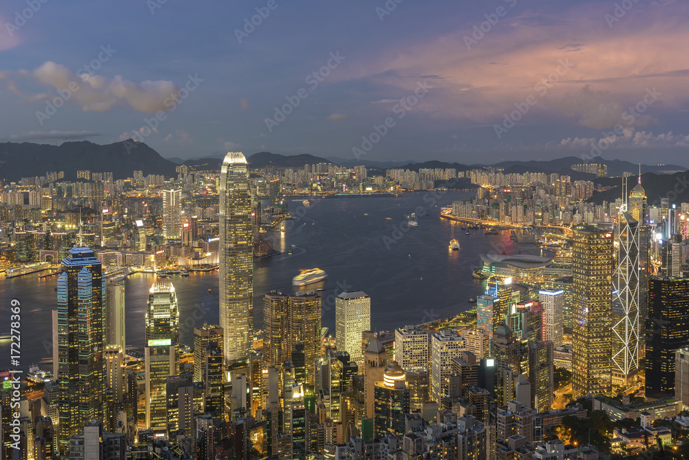 Victoria harbor of Hong Kong City at dusk