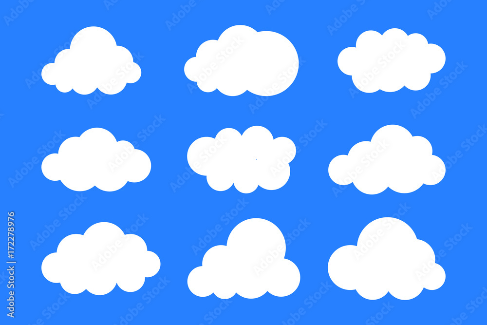 Set of white clouds collection vector, icons, isolated on blue background