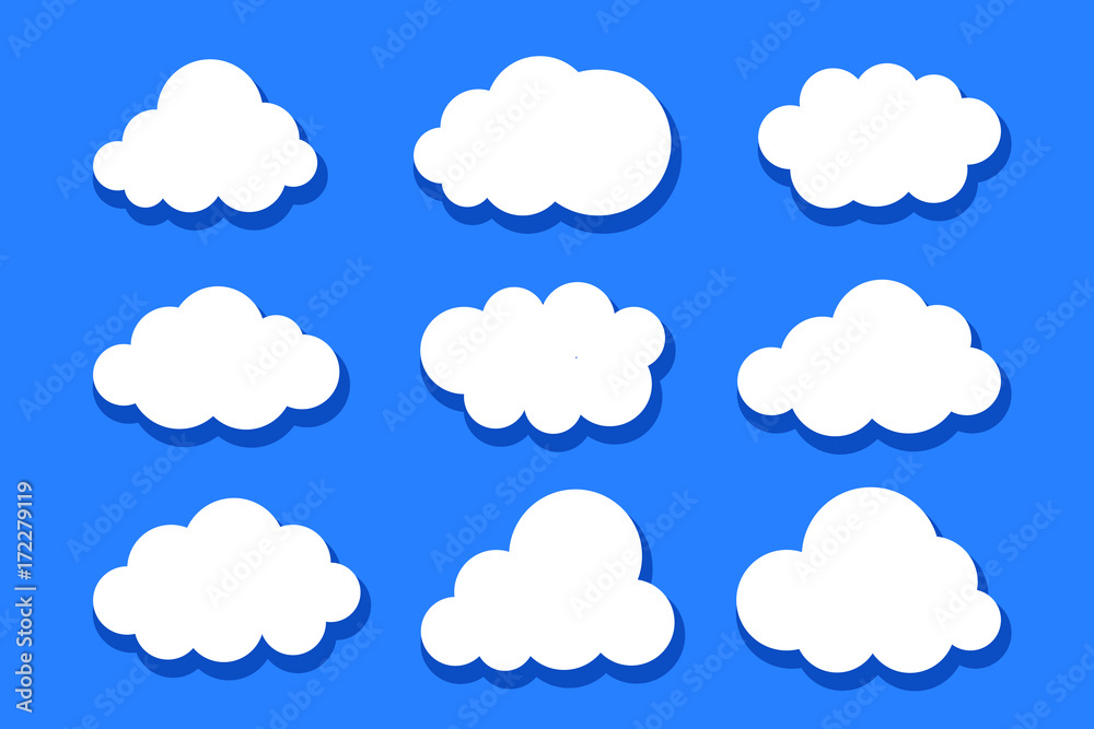 Set of white clouds collection vector, icons, isolated on blue background