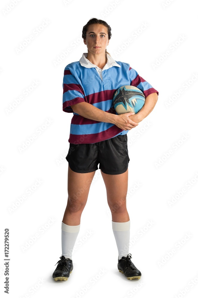 Full length portrait of female player with rugby ball Full length portrait of female player with rugby ball