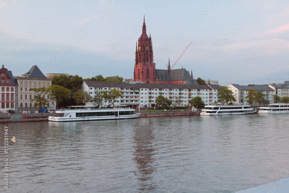 River, walking motor ships and cathedral. Frankfurt am Main, Germany