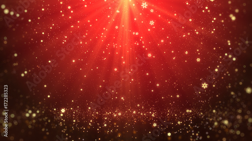Christmas greeting background (red theme) with snowflakes, shine lights and particles bokeh in stylish and elegant theme.