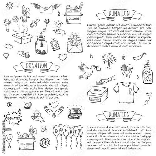 Hand drawn doodle Donation icons set. Vector illustration. Charity symbols collection Cartoon donate sketch elements: blood donation, box, heart, money jar, care, help, gift, giving hand, fund raising