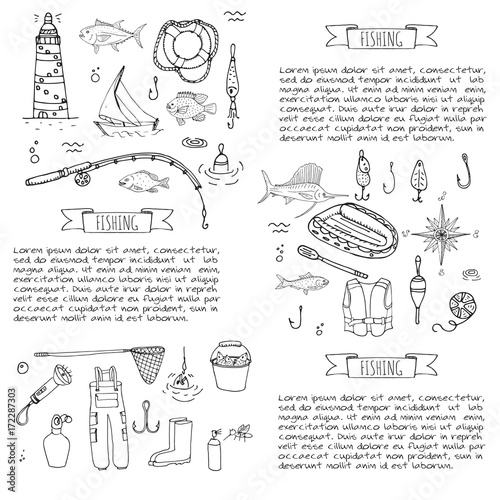 Hand drawn doodle Fishing icons set. Vector illustration. Cartoon catching fish equipment elements collection: Rod, Baits, Spinning, Lure, Inflatable Boat, Yacht, Lighthouse, Cloth, Safety jacket.
