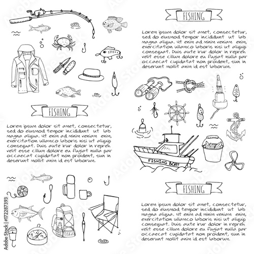 Hand drawn doodle Fishing icons set. Vector illustration. Cartoon catching fish equipment elements collection: Rod, Baits, Spinning, Lure, Inflatable Boat, Yacht, Lighthouse, Cloth, Safety jacket.