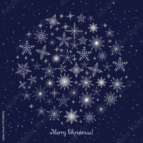 Hand drawn doodle Christmas  snowflakes and stars icons set. Sketchy vector illustration elements. Blue background, holiday Holly decoration calligraphy Merry Christmas and Happy New Year