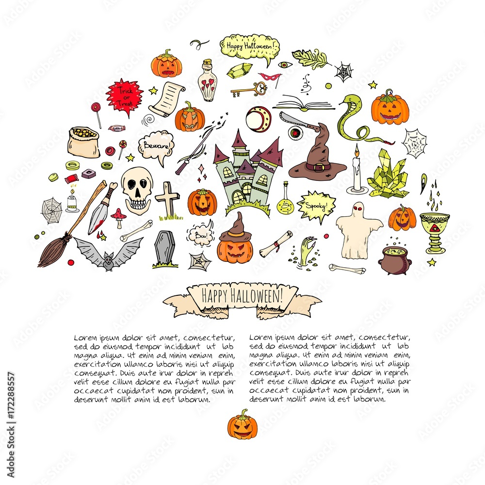 Hand drawn doodle Happy Halloween icons set. Vector illustration. Holiday symbols collection. Cartoon various sketch elements: pumpkin, ghost, castle, bat, candy, witches cauldron, zombie hand, skull