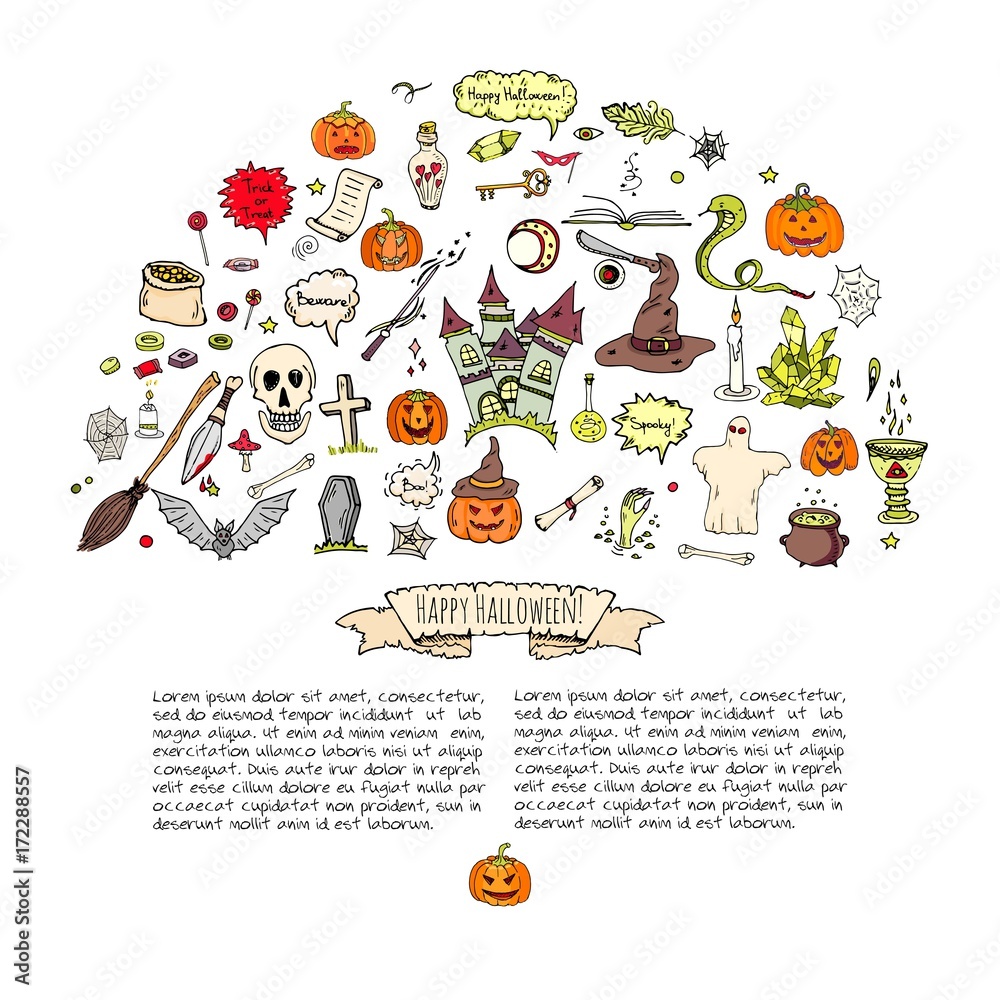 Fototapeta premium Hand drawn doodle Happy Halloween icons set. Vector illustration. Holiday symbols collection. Cartoon various sketch elements: pumpkin, ghost, castle, bat, candy, witches cauldron, zombie hand, skull