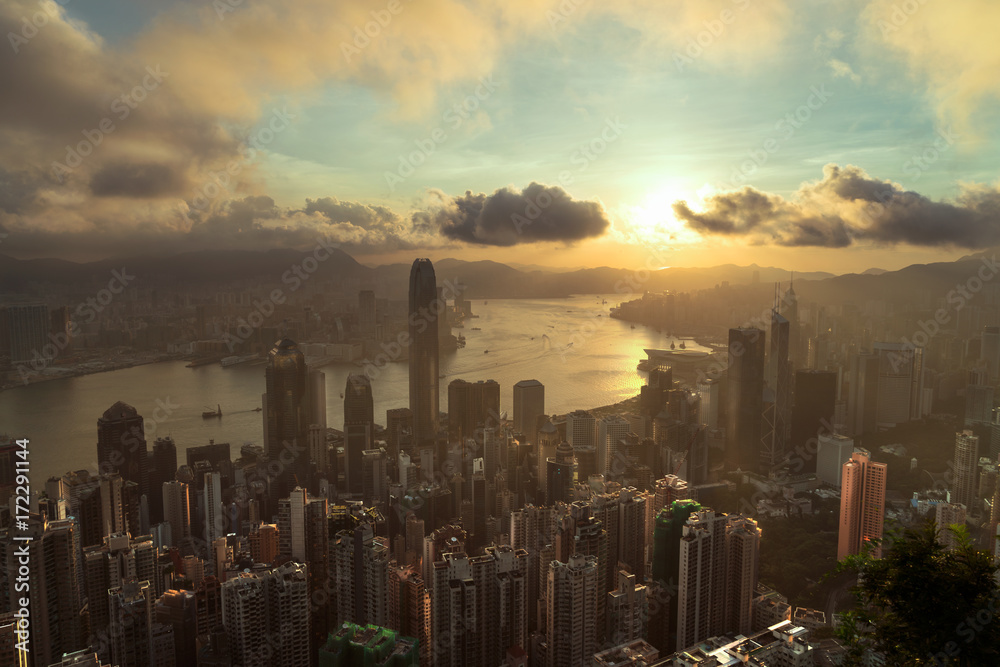 Hong Kong skyline. View from  Victoria Peak at sunset, downtown and building in Hong Kong
