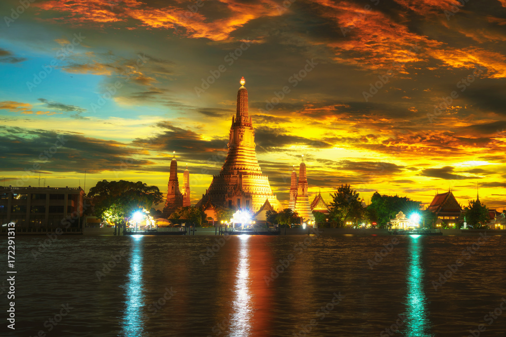 Wat Arun Temple at twilight in bangkok Thailand.