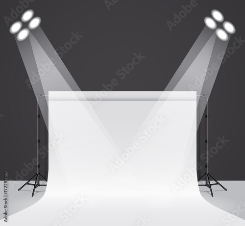 Empty black photo studio. Realistic 3D template mock up. Backdrop stand (tripods) with black paper backdrop. Black background. Vector illustration.