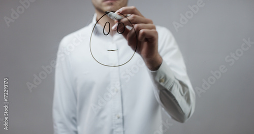 Confused emoji drawn, Man Writing on Glass photo