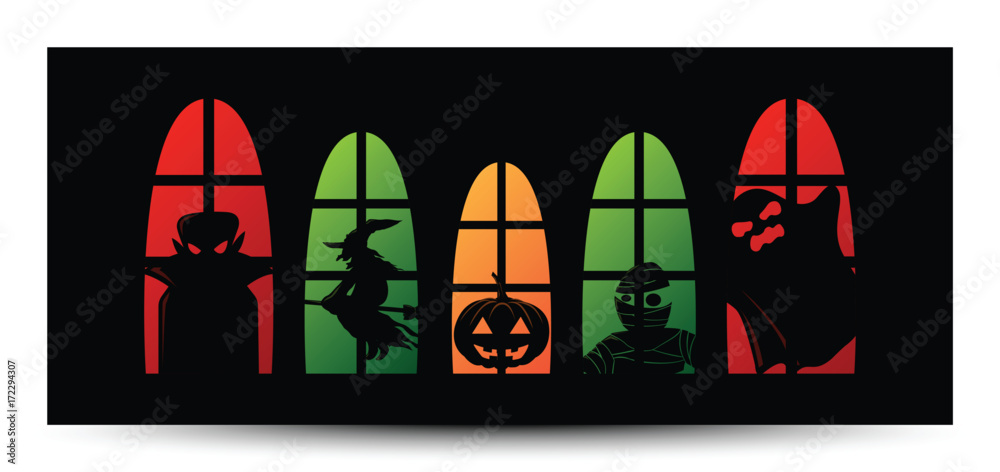 Fototapeta premium happy halloween window silhouette banner, vector illustrator