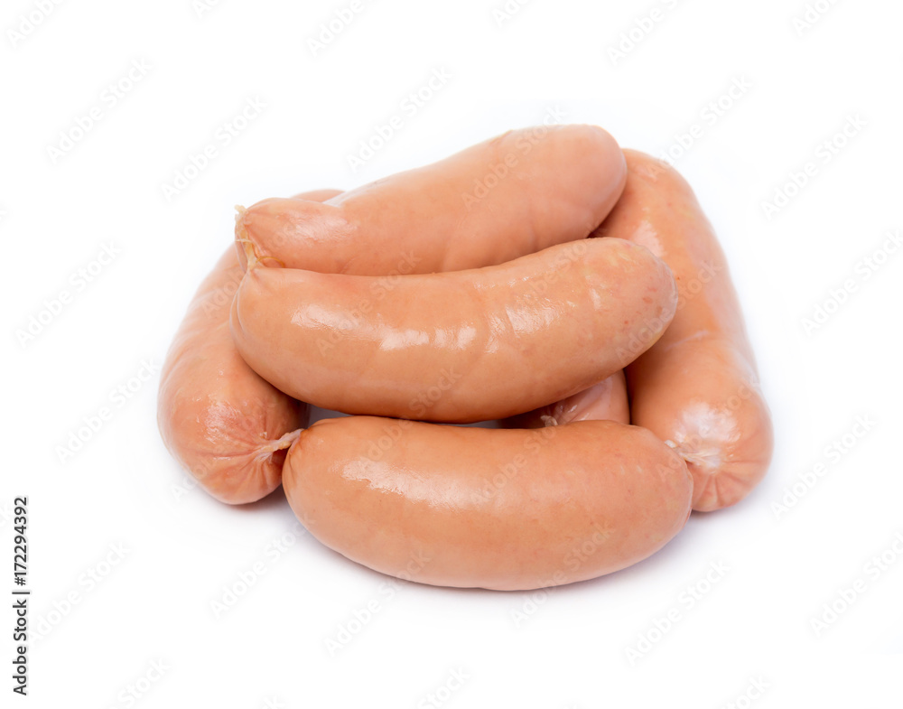 meat sausages isolated on white background closeup meat sausages isolated on white background closeup