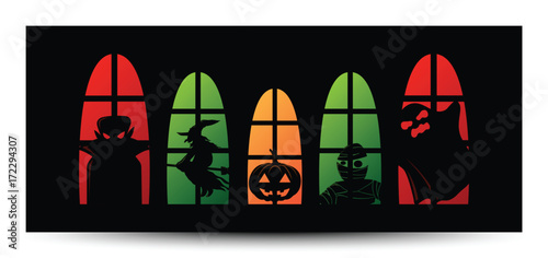 happy halloween window silhouette banner, vector illustrator