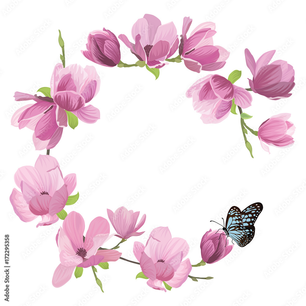 Magnolia flowers with a butterfly on white background. Vector set of blooming floral for wedding invitations and greeting card design.