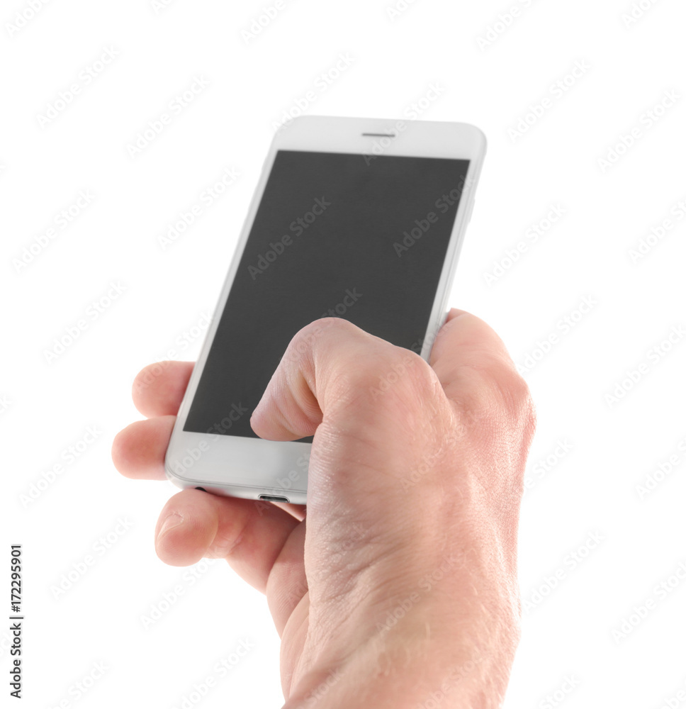 Man holding smartphone on white background, closeup