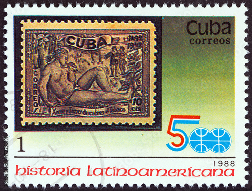 1944 10c. Discovery of Tobacco stamp (Cuba 1988) photo