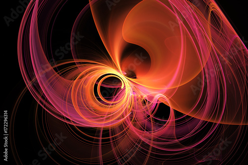 Abstract orange and rose swirly lines on black background. Fantasy fractal texture. 3D rendering.