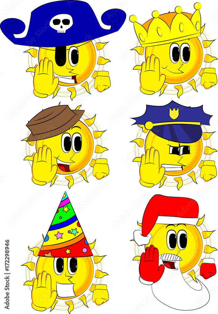 Cartoon sun showing deny or refuse hand gesture. Collection with costume. Expressions vector set. Cartoon sun showing deny or refuse hand gesture. Collection with costume. Expressions vector set.