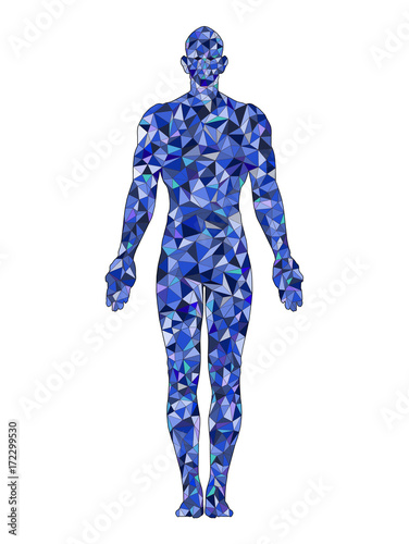 blue standing man, full length. Polygonal vector illustration.