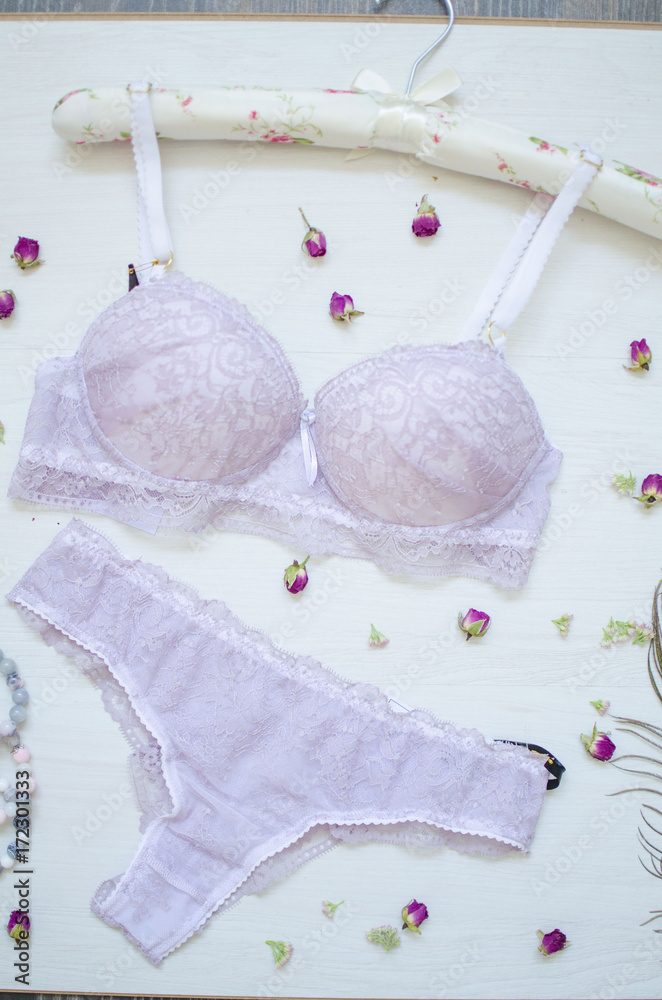 Fashion lace women lingerie. Retro style underwear. Lilac colored bra and  panties Stock Photo | Adobe Stock