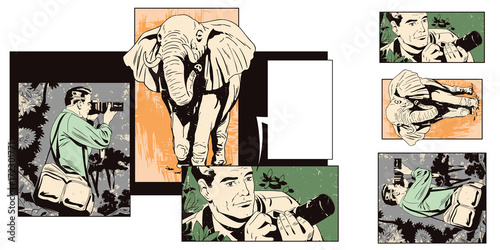 Collage on theme safari and travel. Vacation in jungle.