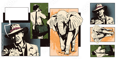 Collage on theme safari and travel. Vacation in jungle.