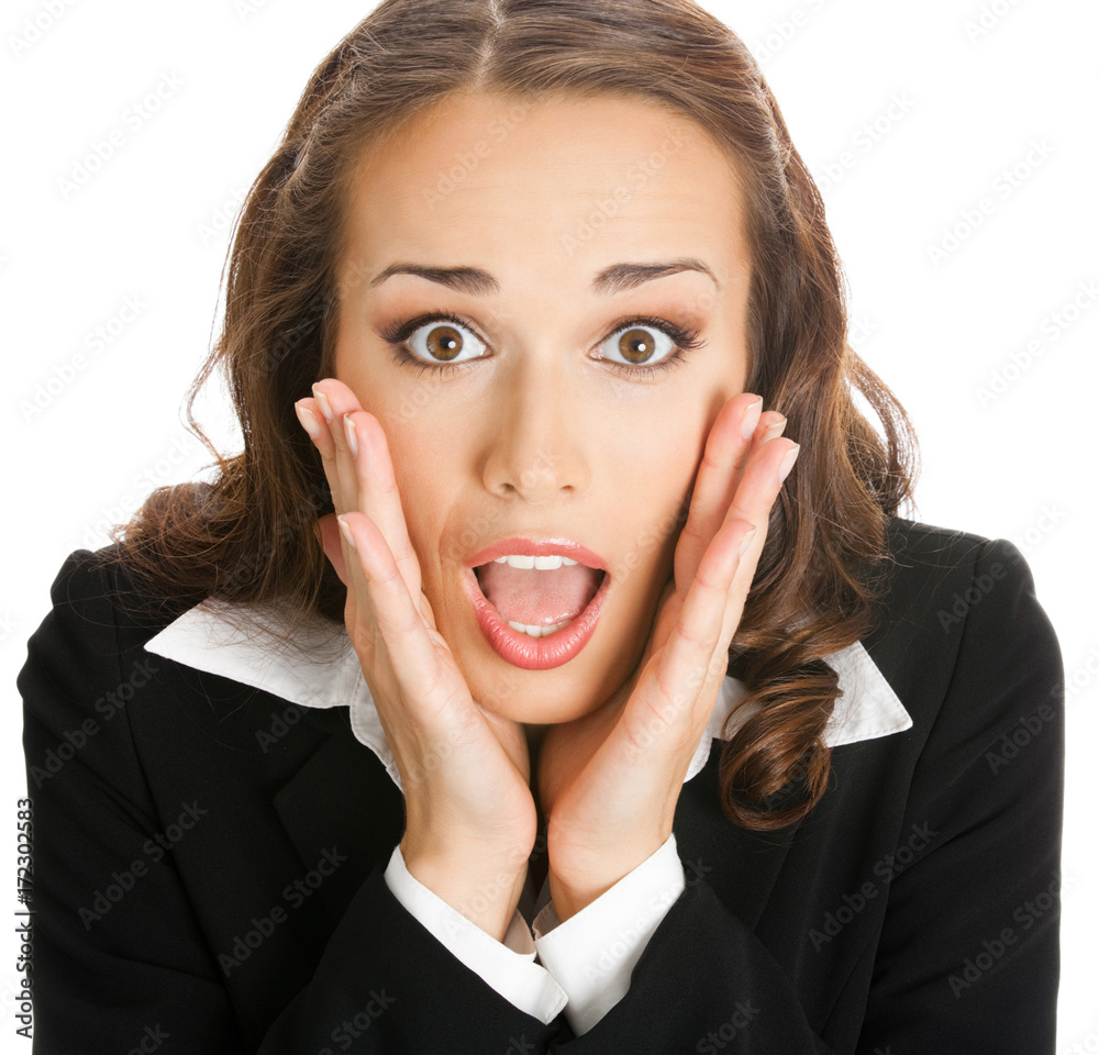 Portrait of young happy smiling surprised businesswoman, isolated on white background. Success in business concept. Portrait of young happy smiling surprised businesswoman, isolated on white background. Success in business concept.