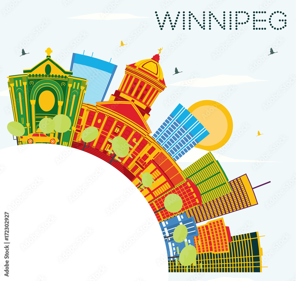 Winnipeg Skyline with Color Buildings, Blue Sky and Copy Space.