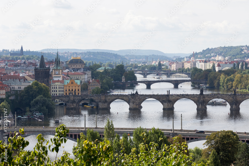 Prague, Czech Republic - August 21, 2017: View of the city's bridges from the top of Letna park