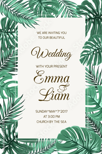 Wedding event invitation card template. Exotic tropical jungle rainforest bright green palm tree and monstera leaves border frame on white background. Vertical portrait aspect ratio. Text placeholder.