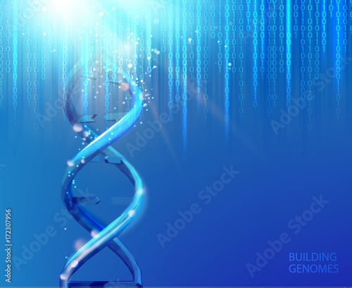Scince illustration of bigdata uncoding of human genome. Abstract binary code in matrix style over blue background. Dna bigdata visualization. Vector illustration.