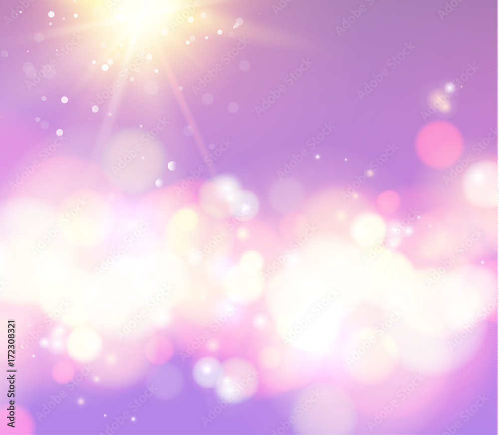 Abstract bokeh background over violet sky and sun rays. Vector illustration.