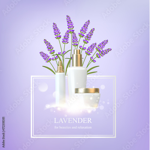 Women care cosmetic in beautiful bottles over violet background. Lavender cream and oil. Moisturizer with Vitamins and Regenerate Cream containes lavender essence. Vector illustration. photo