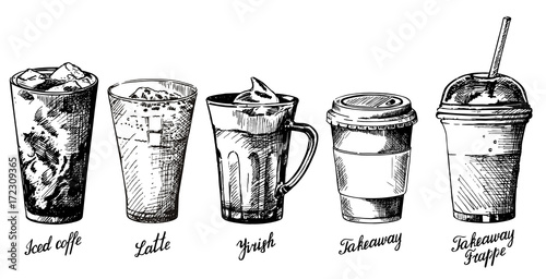 Vector vintage hand drawn coffee types set