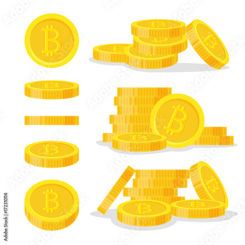 Set digital bitcoins flat style isolated on white background. Icon finance heap, gold coin pile. Golden money standing on stacked - vector illustration