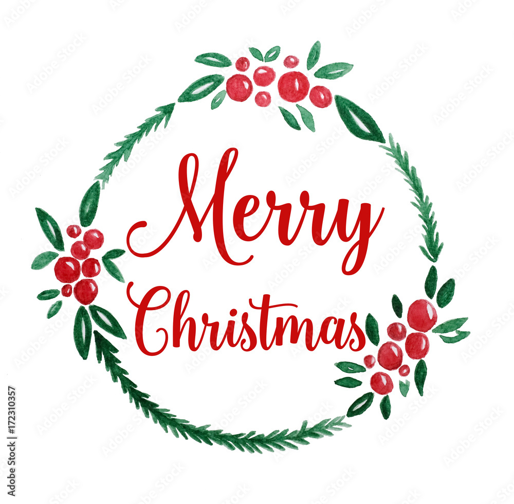 Fototapeta premium Merry Christmas wreath watercolor drawing on white paper background, Christmas greeting card background