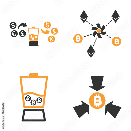 Cryptocurrency Anonymizer Mixer vector icon set. Style is bicolor flat symbols.