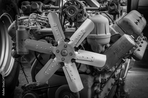 exhibition fan of engine aggregate of agricultural machines, black and white